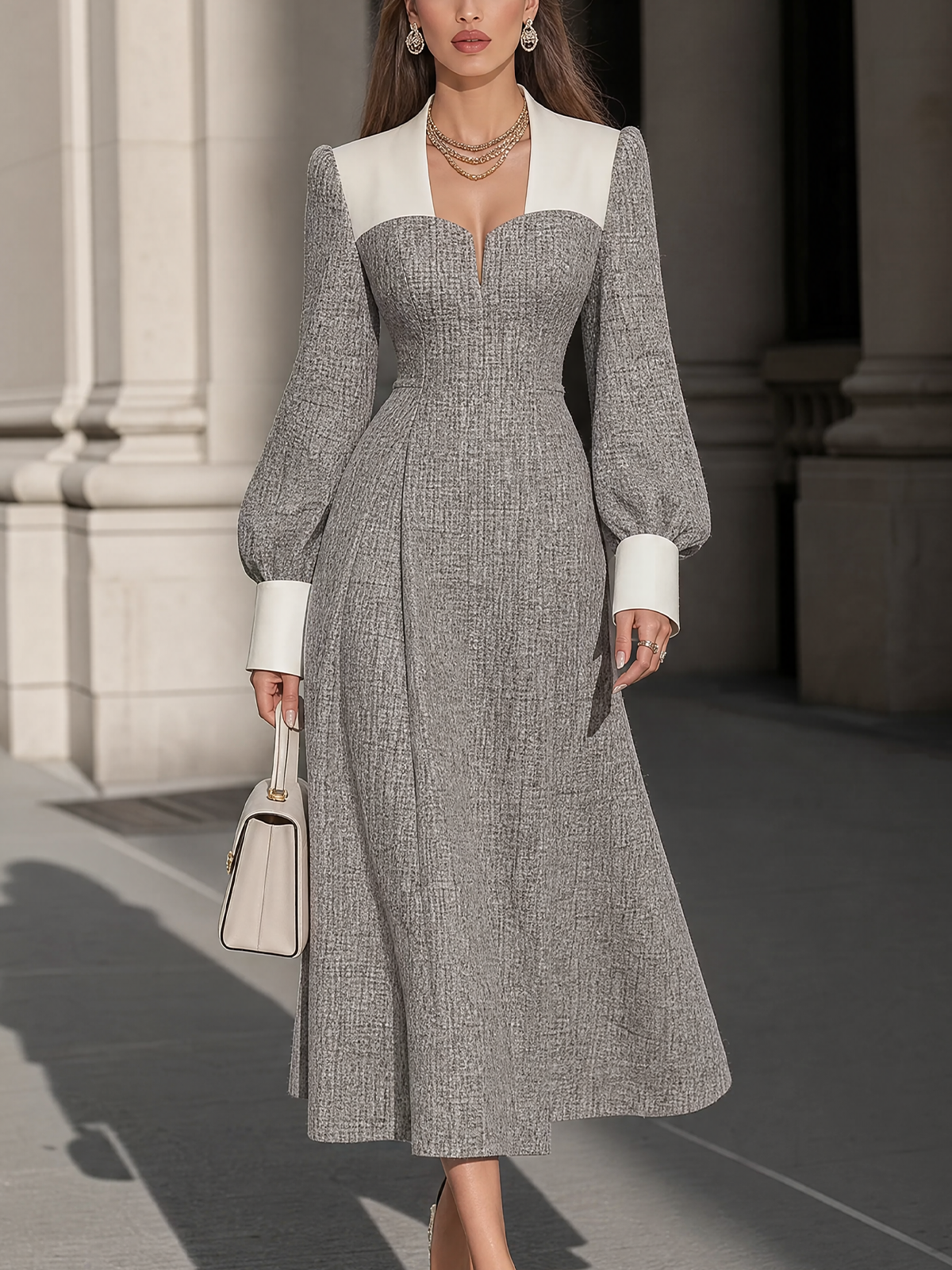 Contrast Collar Tweed Midi Dress