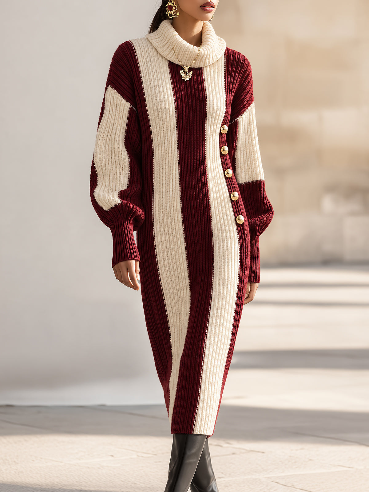 Burgundy Cream Striped Knit Midi Dress