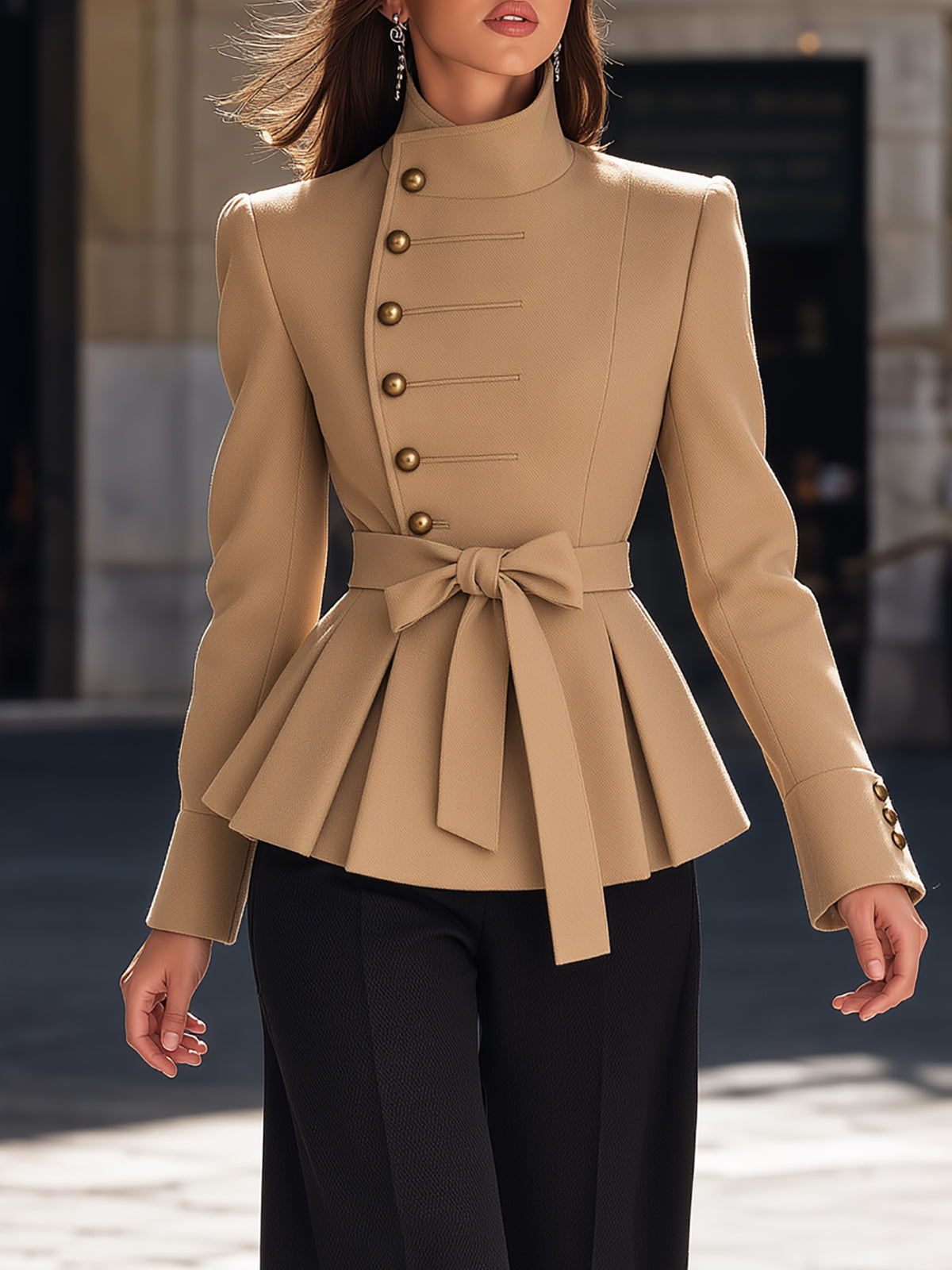 Chic Camel Stand Collar Peplum Jacket