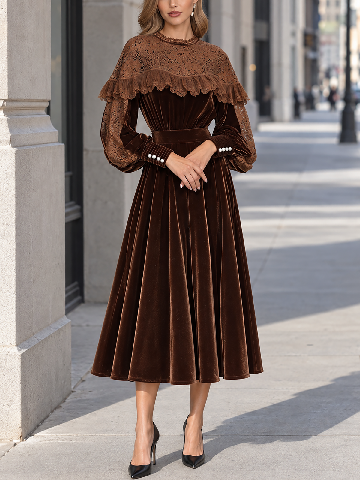 Elegant Velvet Lace Integrated Midi Dress