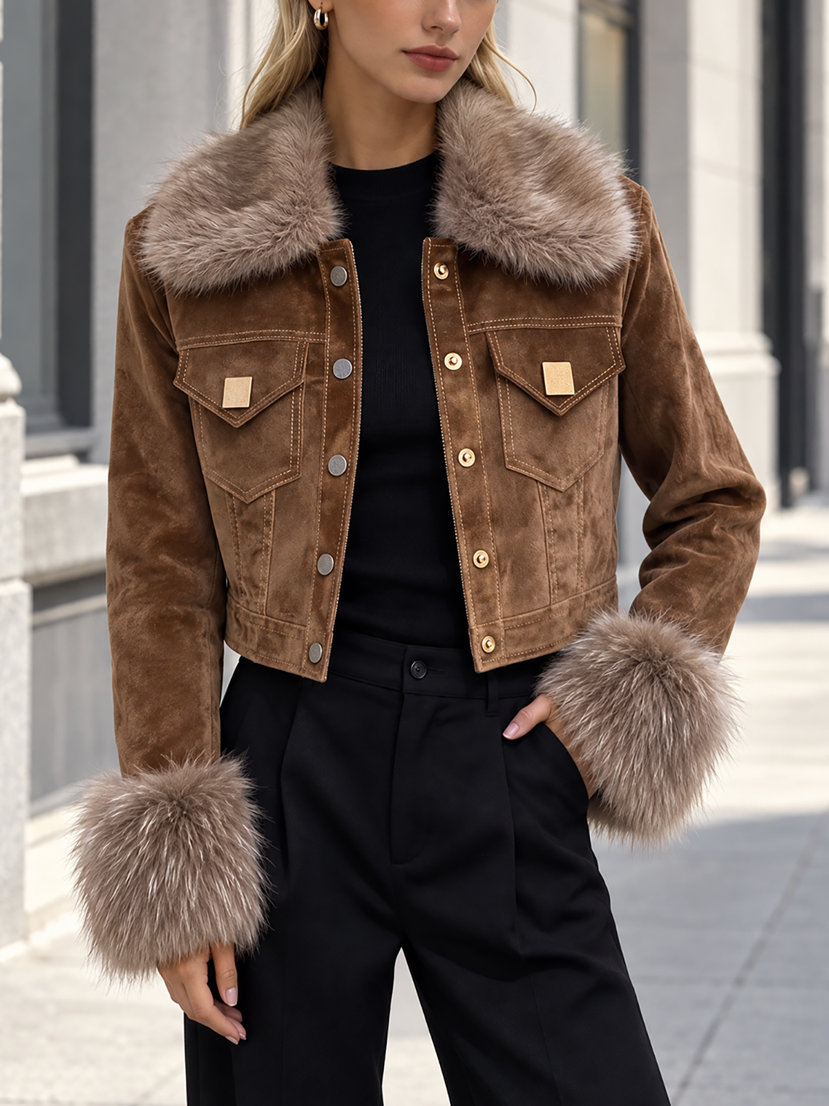 Stylish Suede Coat With Faux Fur Collar