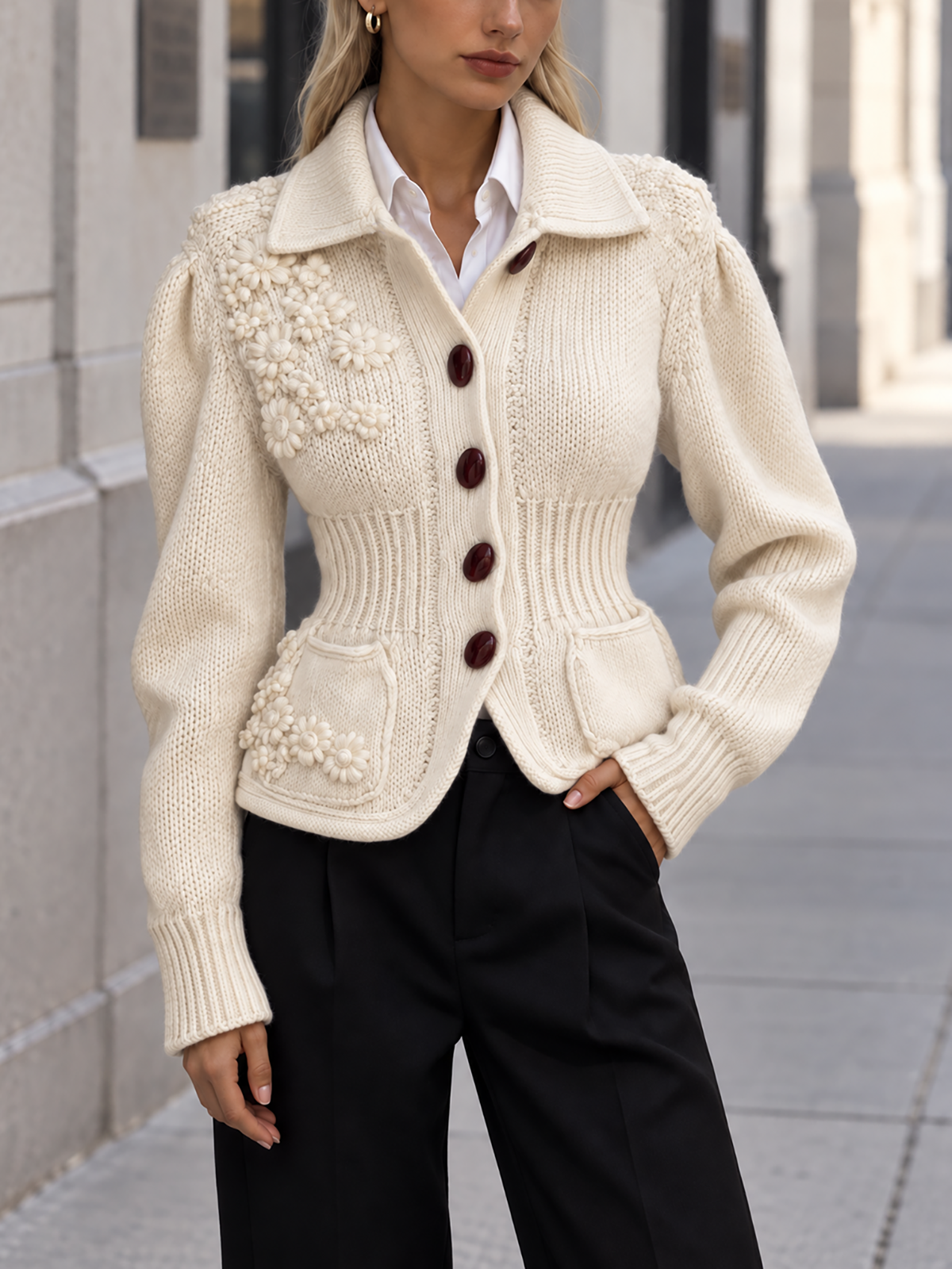 Floral Applique Knit Collared Cardigan