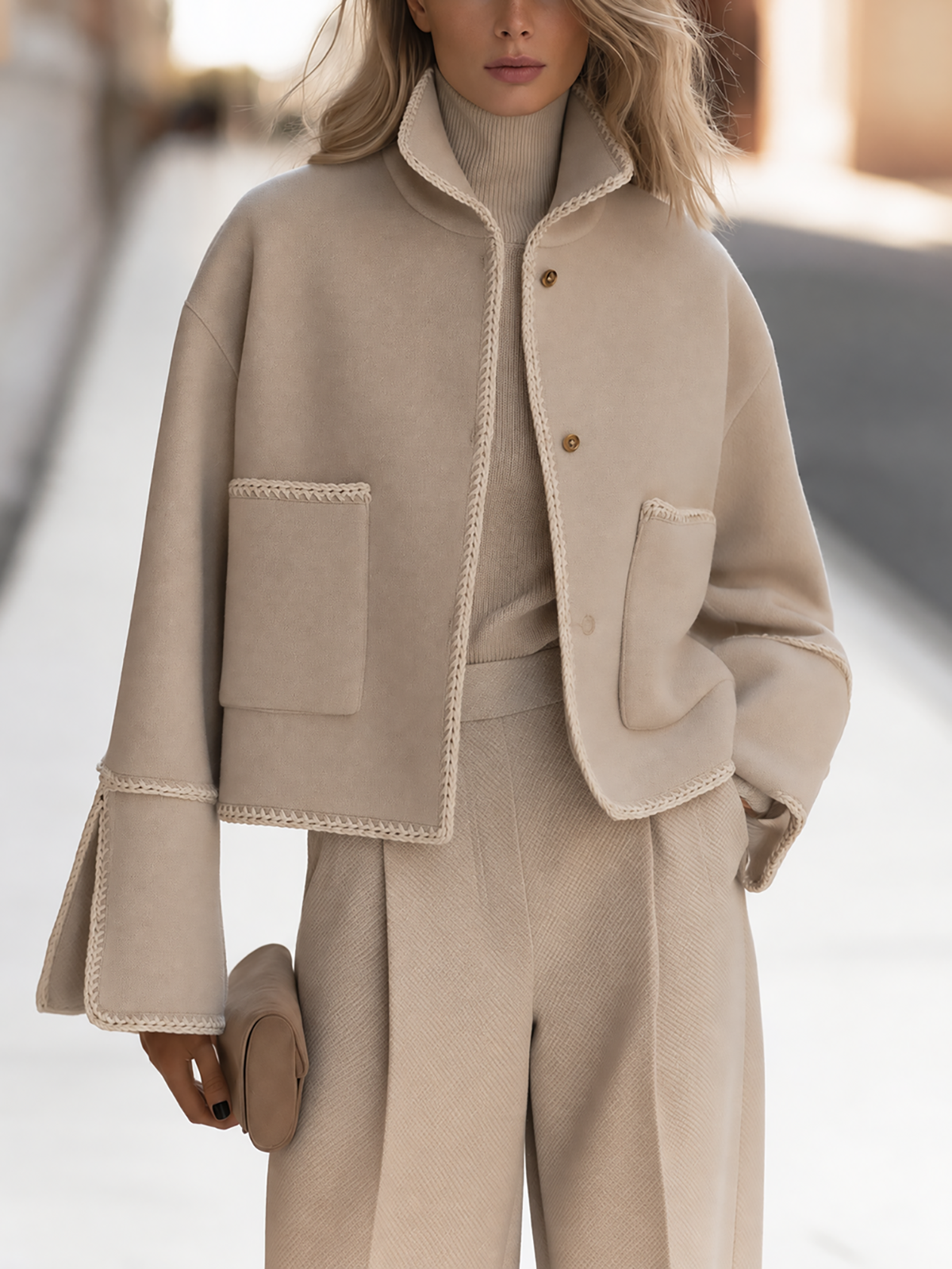 Elegant Stand Collar Coat With Stitched Trim