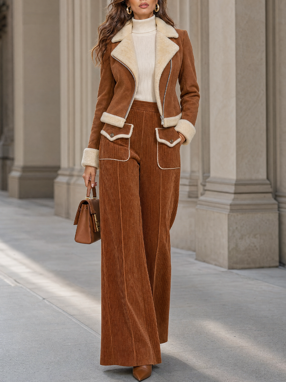 Genuine Shearling Jacket Corduroy Pant Two Piece Set