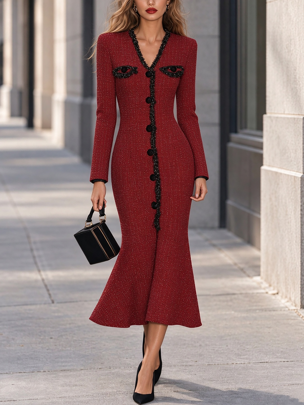 Chic Glitter Tweed Bodycon Midi Dress