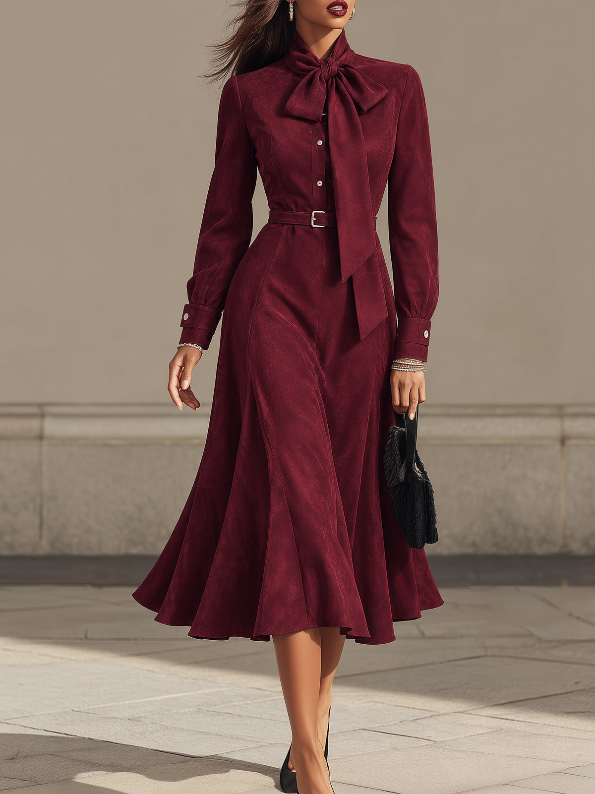 Bow Neck Burgundy Faux Suede Midi Dress