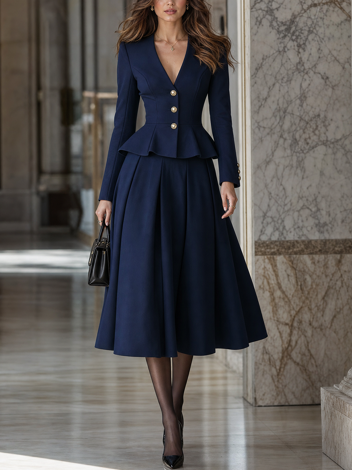 Navy Peplum Blazer & Midi Skirt Co-ord Set