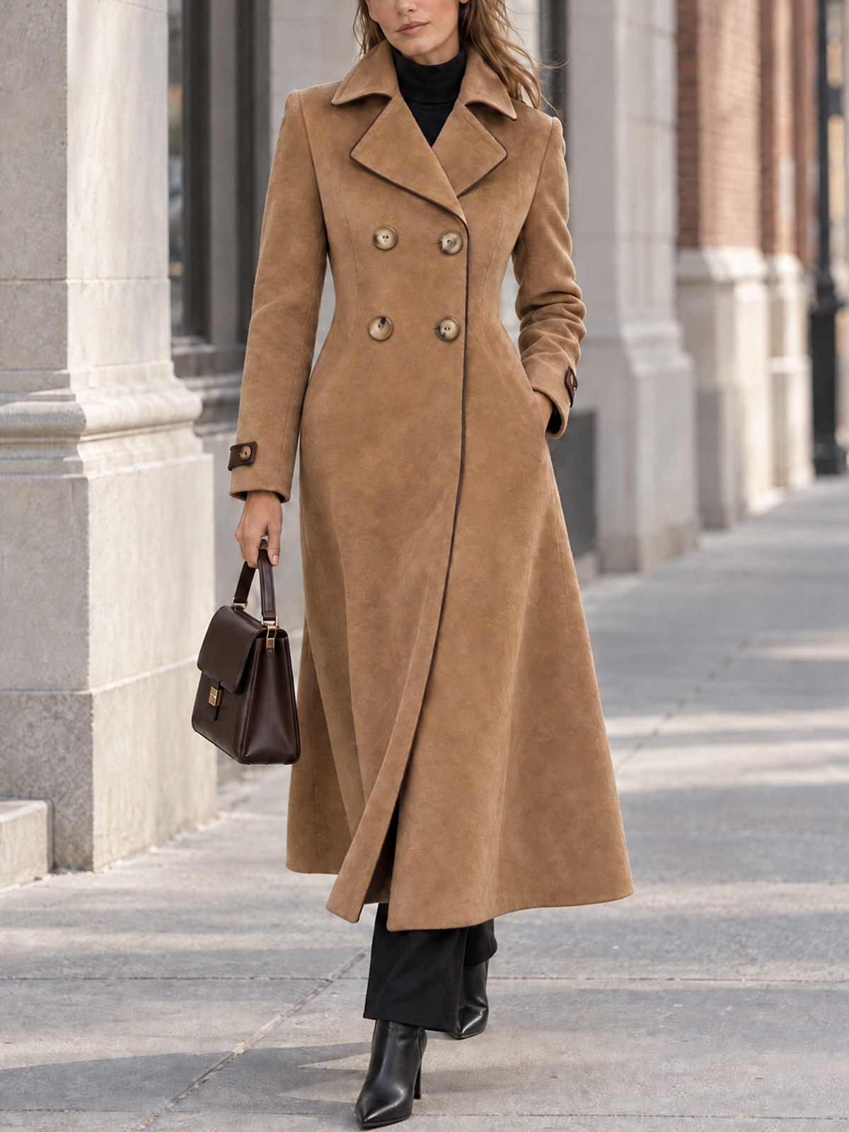 Elegant Suede Long Trench Coat With Double Breasted Design