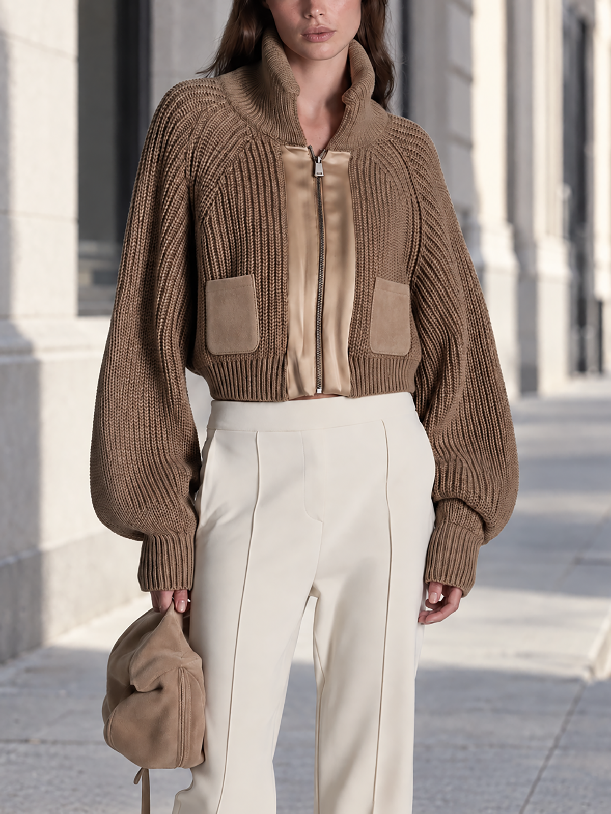Chunky Knit Cropped Jacket With Satin And Suede Splicing
