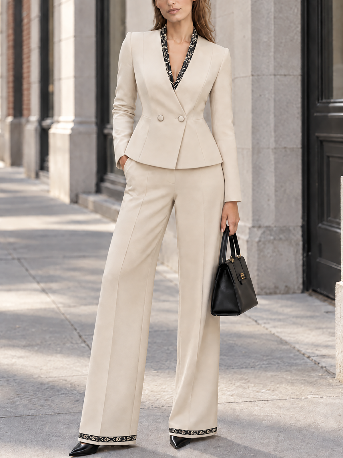 Peplum Blazer Wide Leg Pants Suit With Print Splicing Trim
