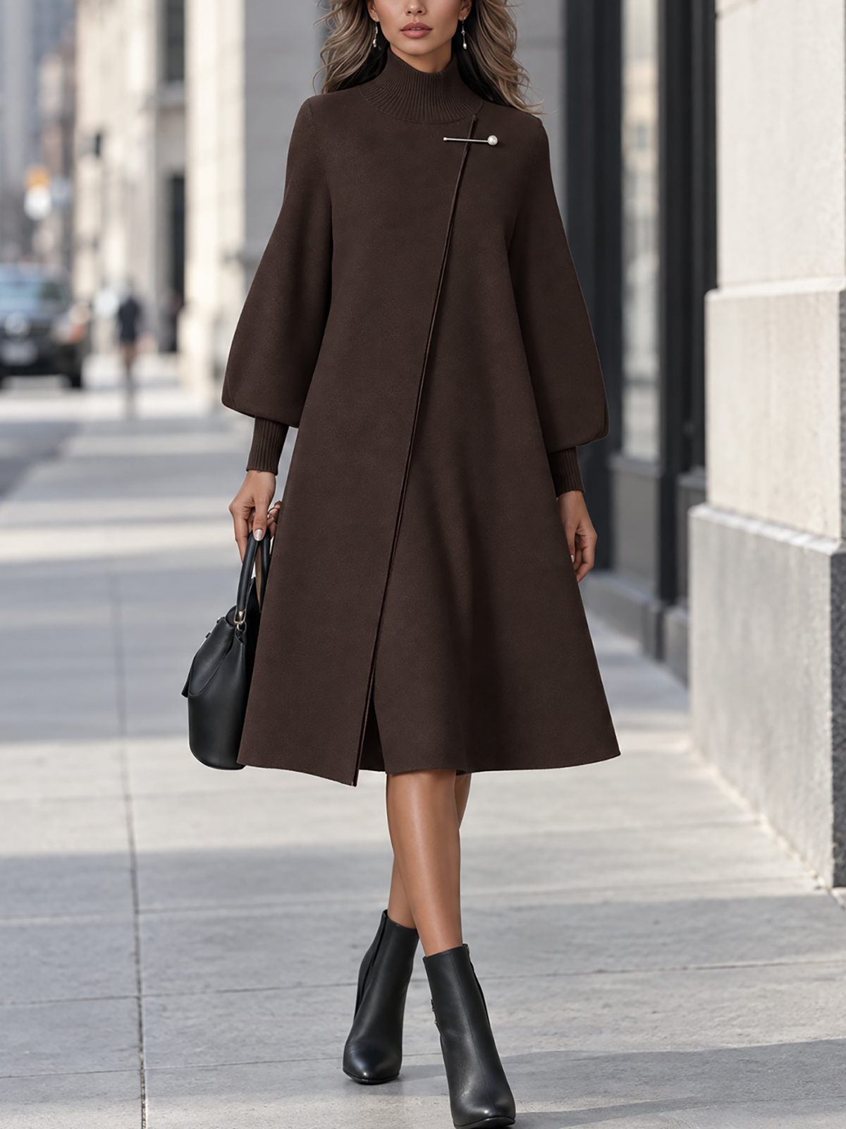 Asymmetric Front Open Coat With Pearl Pin Accent