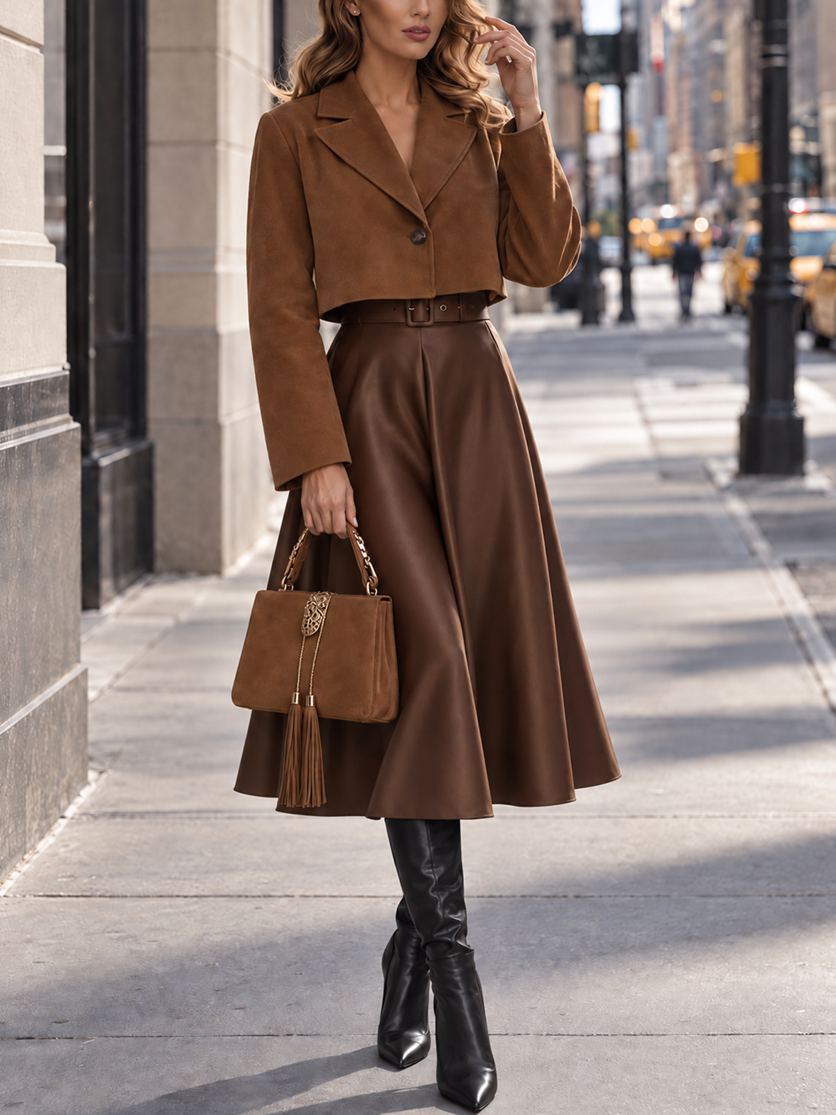 Textured Blazer And High Waist Pleated Midi Skirt Set