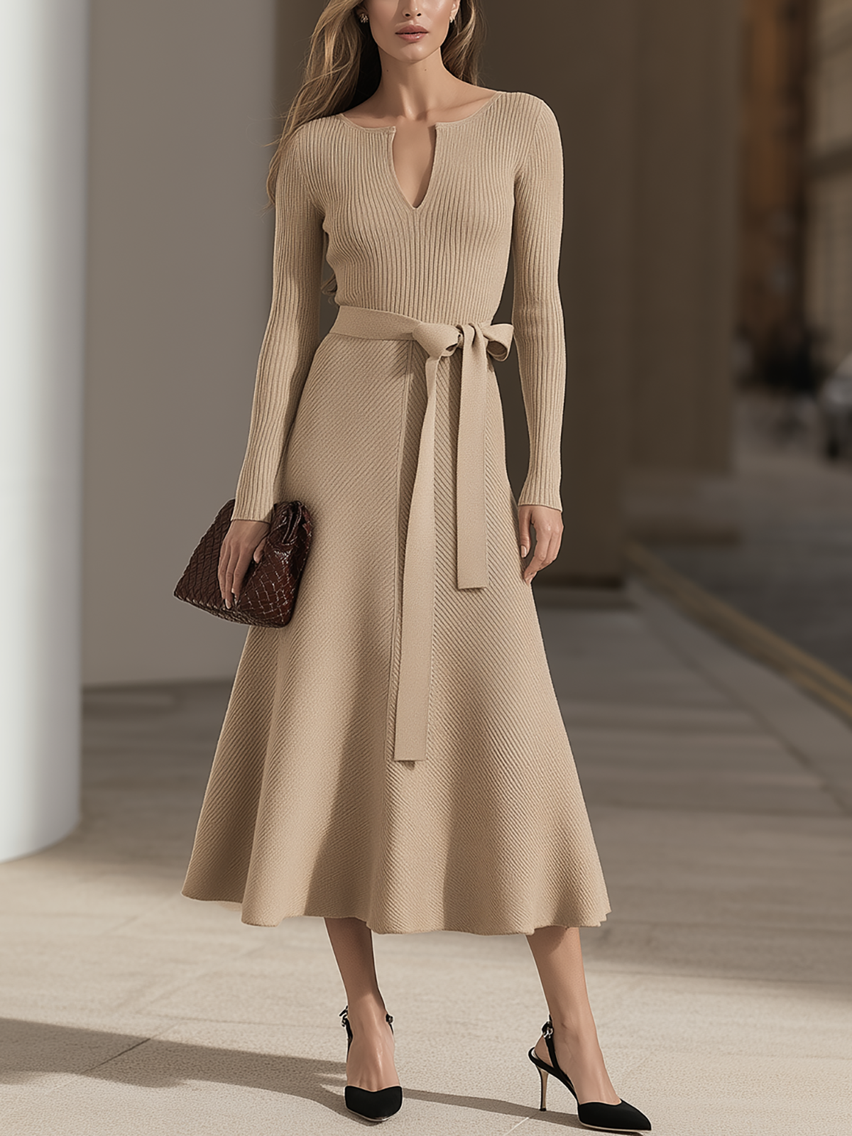 Notch Neck Ribbed Knit Midi Dress With Tie Waist
