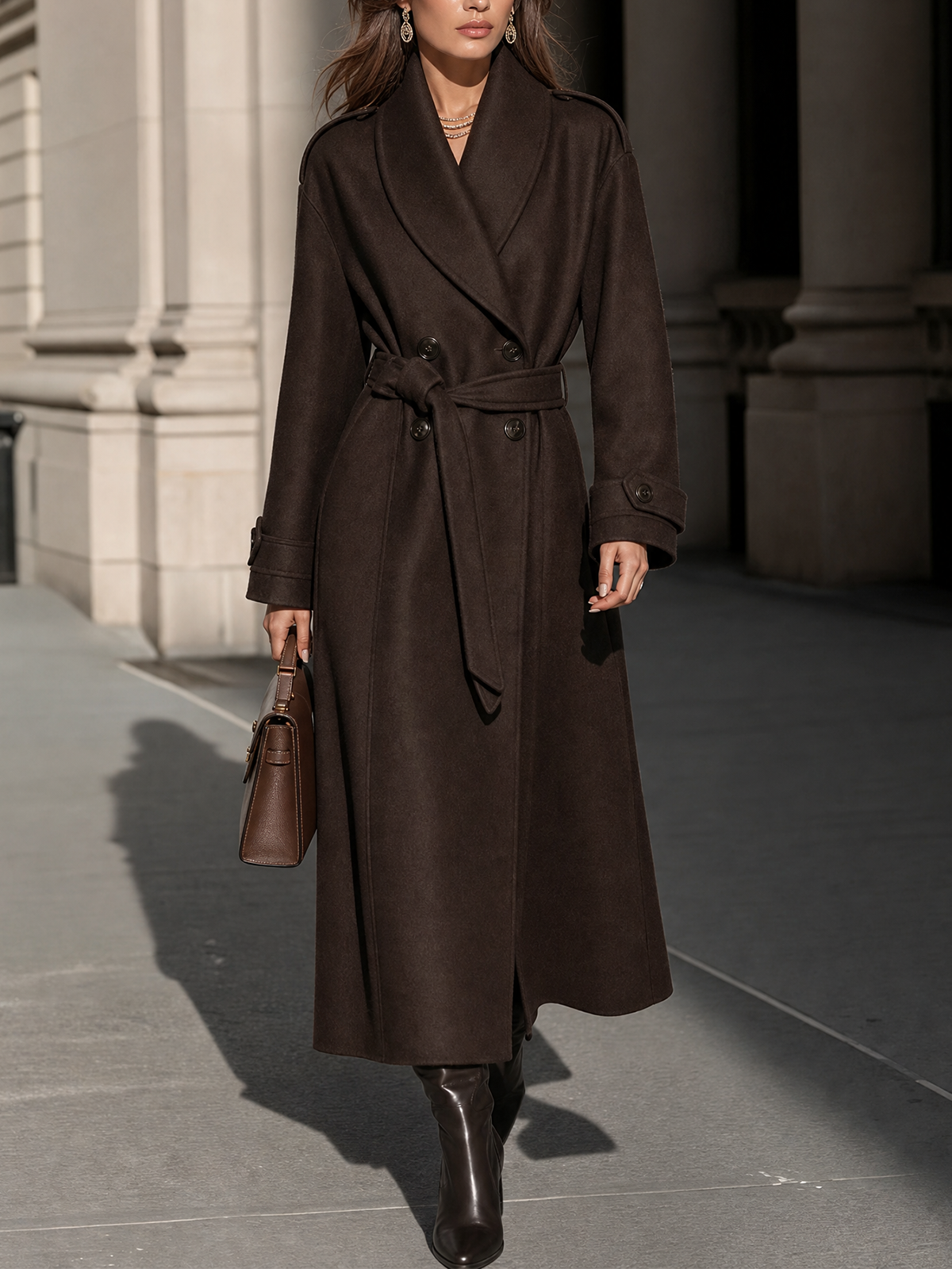 Chocolate Belted Wool Blend Long Coat