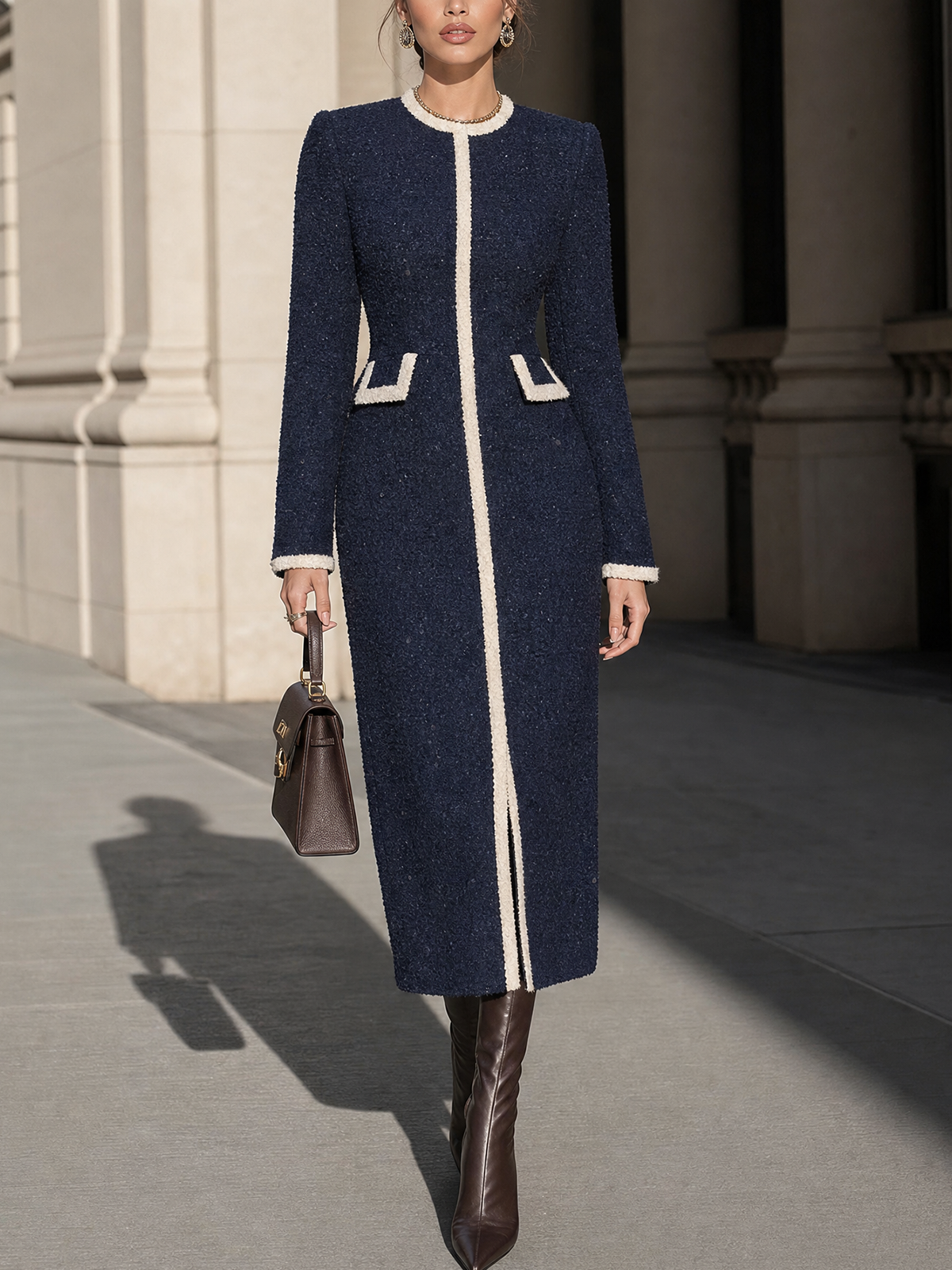 Navy Contrast Trim Tweed Midi Dress
