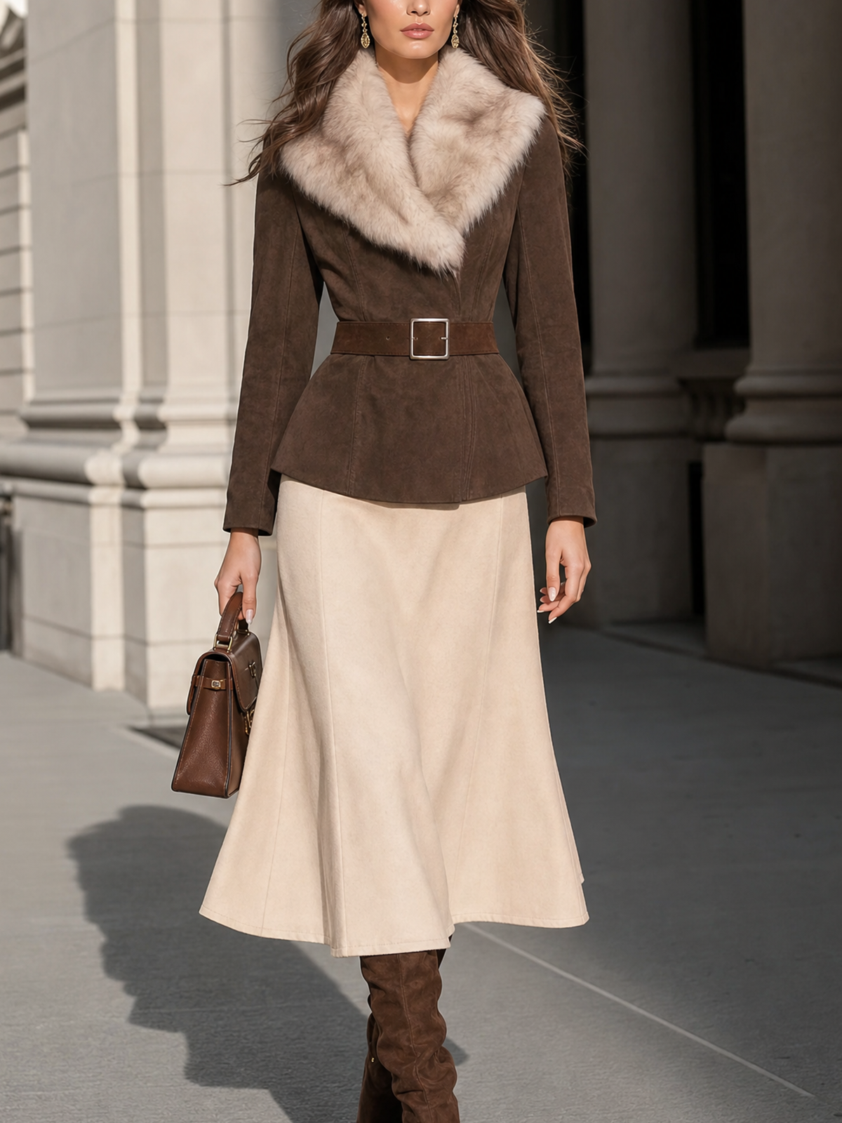 Fur Collar Belted Suede Peplum Coat & Midi Skirt Set