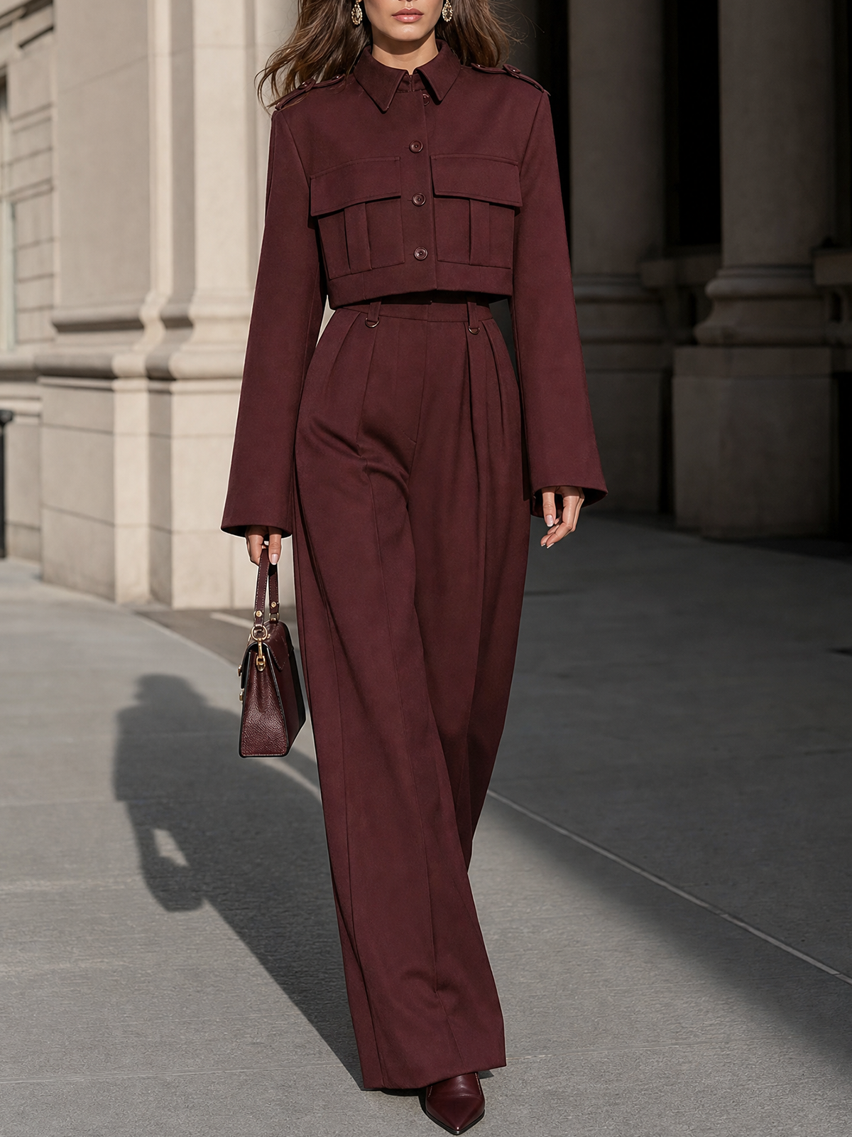 Burgundy Cargo Crop Jacket & Wide Leg Pants Set