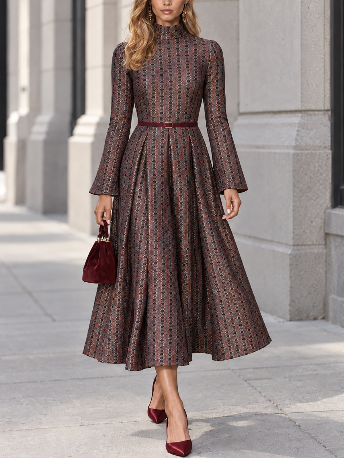 Vintage Pattern A Line Dress With Matching Waist Belt