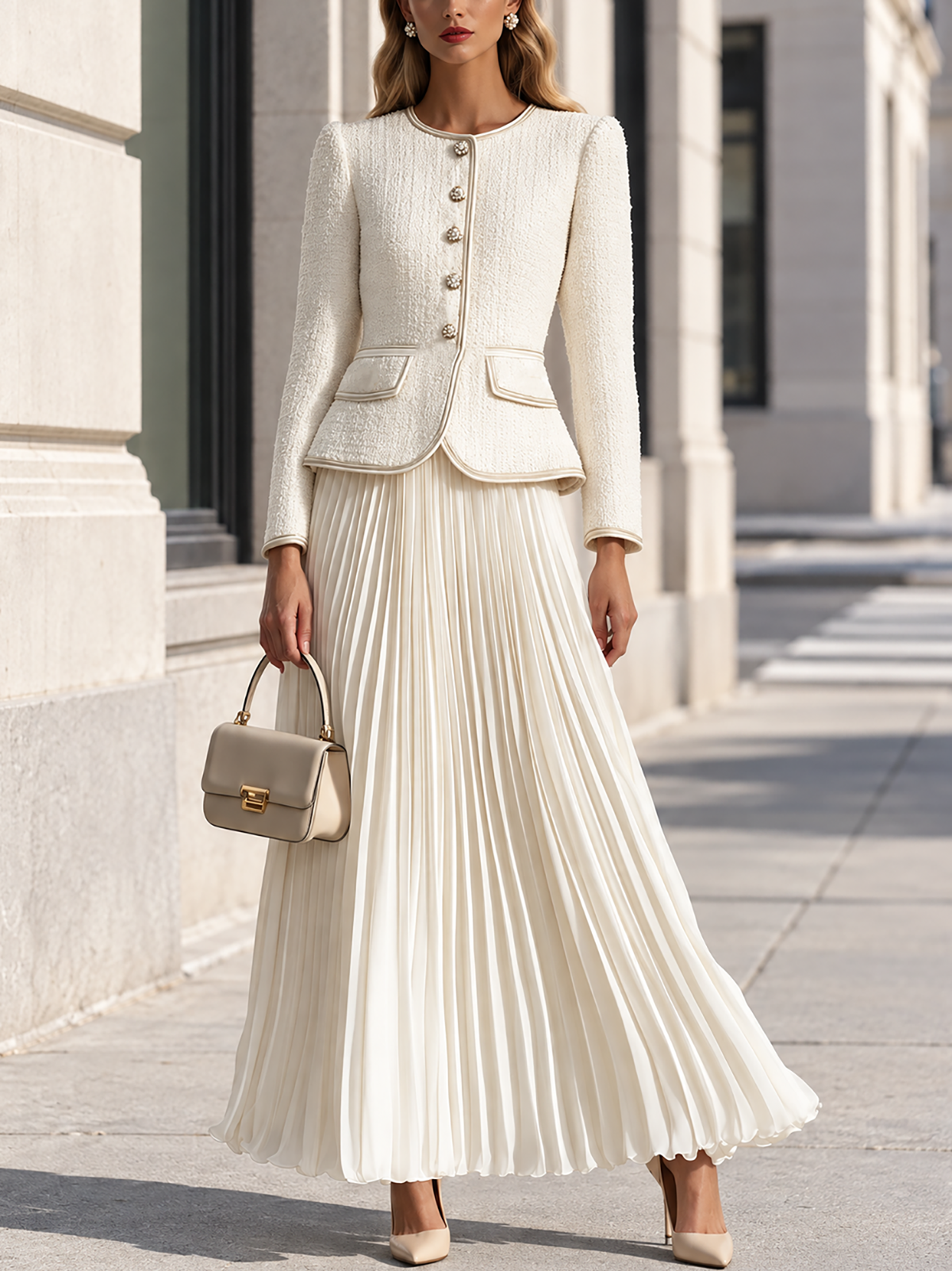 Round Neck Tweed Jacket And Chiffon Pleated Skirt Set