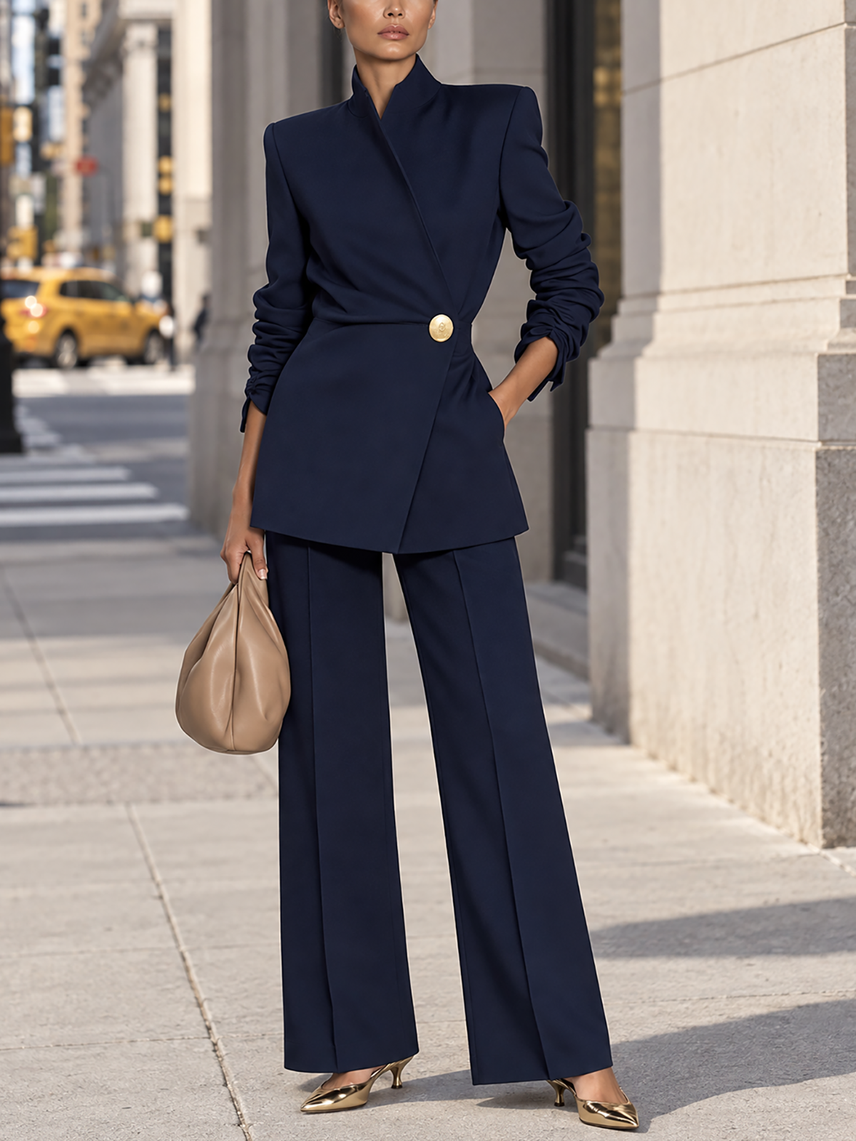 Elegant Wrap Front Blazer And Wide Leg Trouser Set