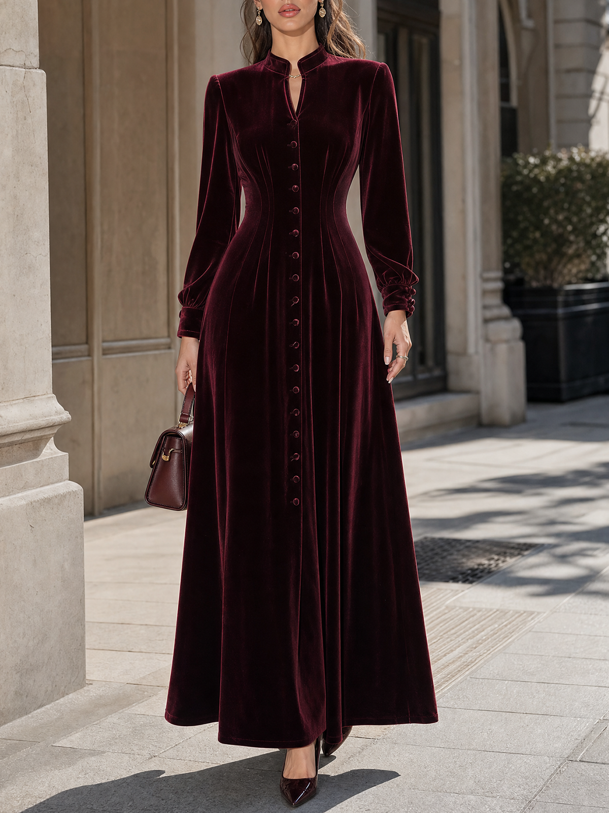 Burgundy Velvet Stand Collar Maxi Dress
