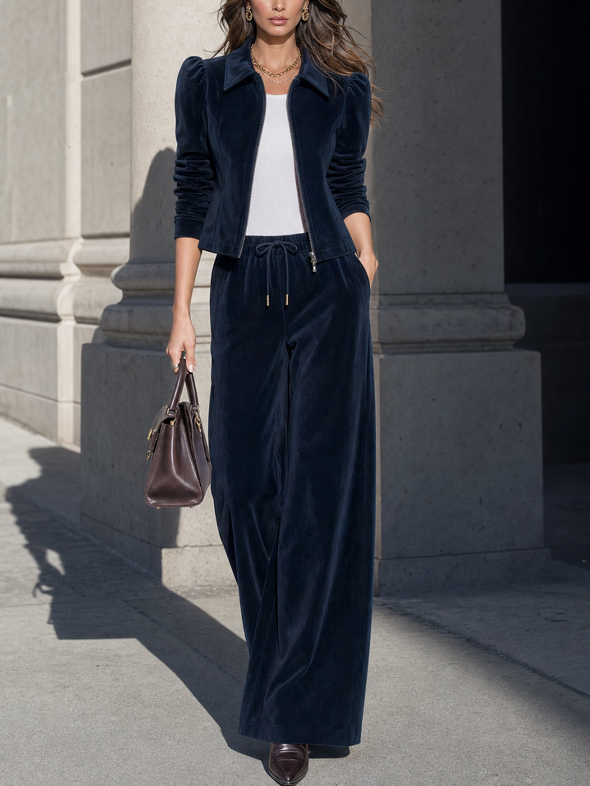 Navy Velvet Zip-Up Jacket and Wide-Leg Drawstring Pants Set
