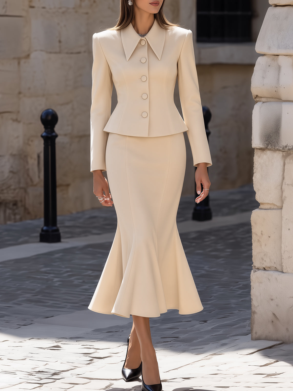 Light Apricot Tailored Blazer Midi Skirt Suit