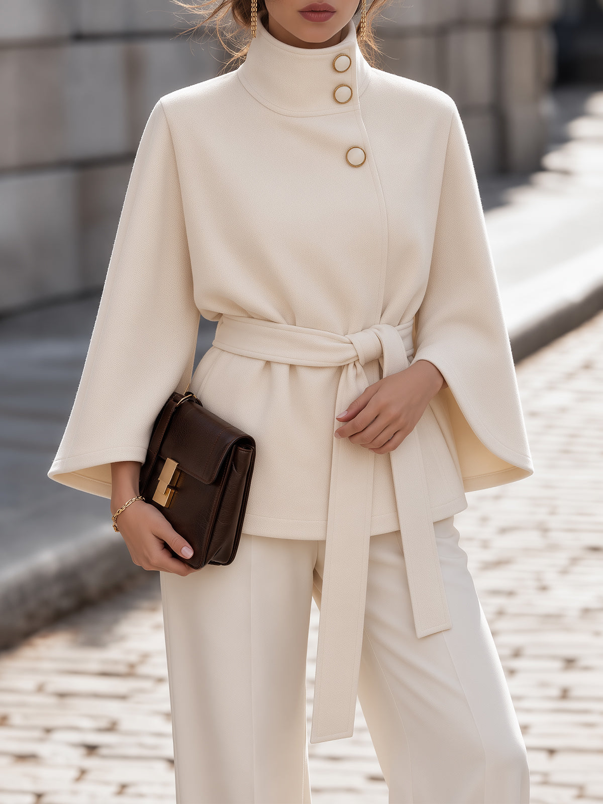 Cream High Collar Belted Cape Sleeve Coat