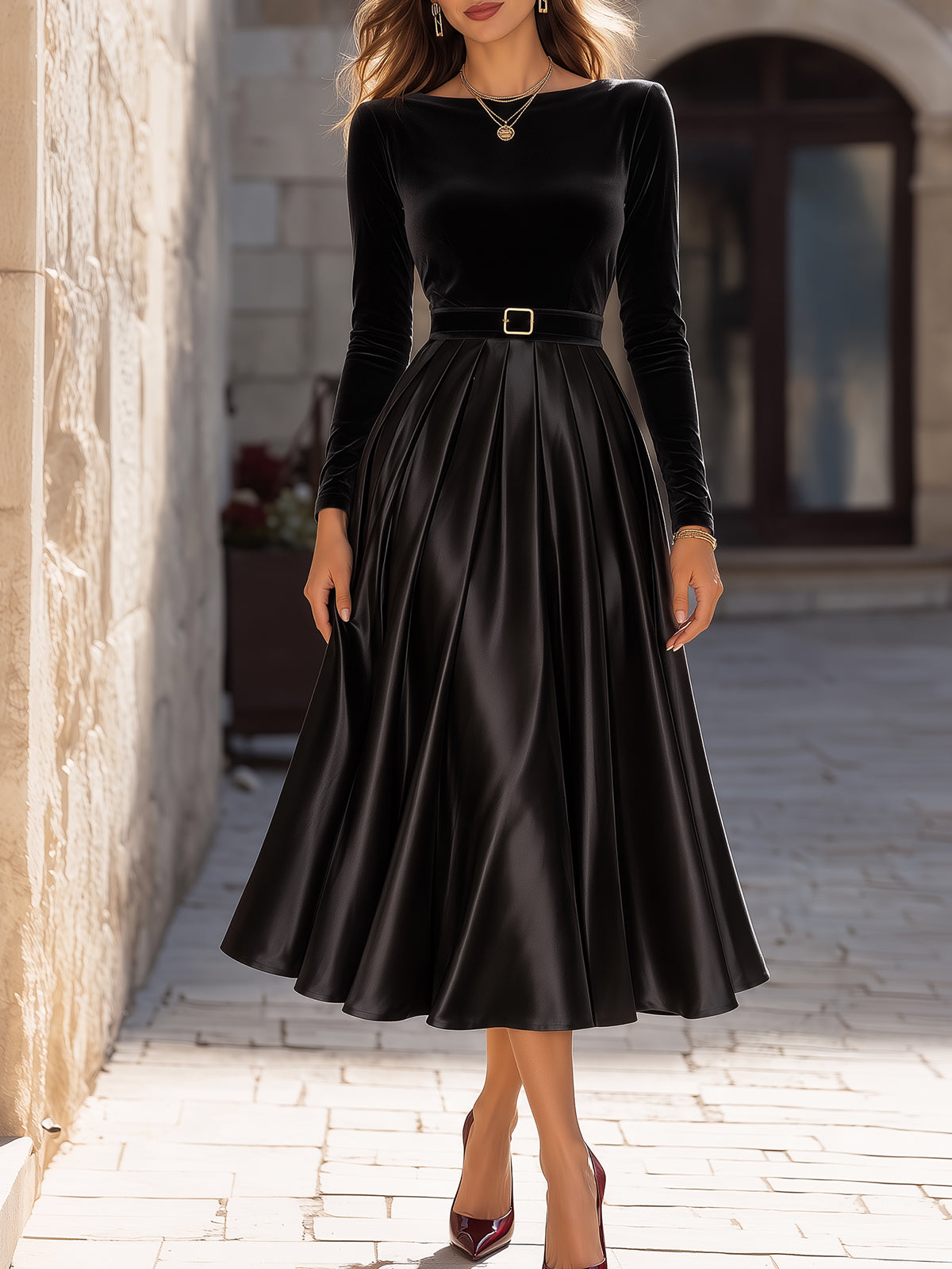 Elegant Black Velvet And Satin Midi Dress With Belt