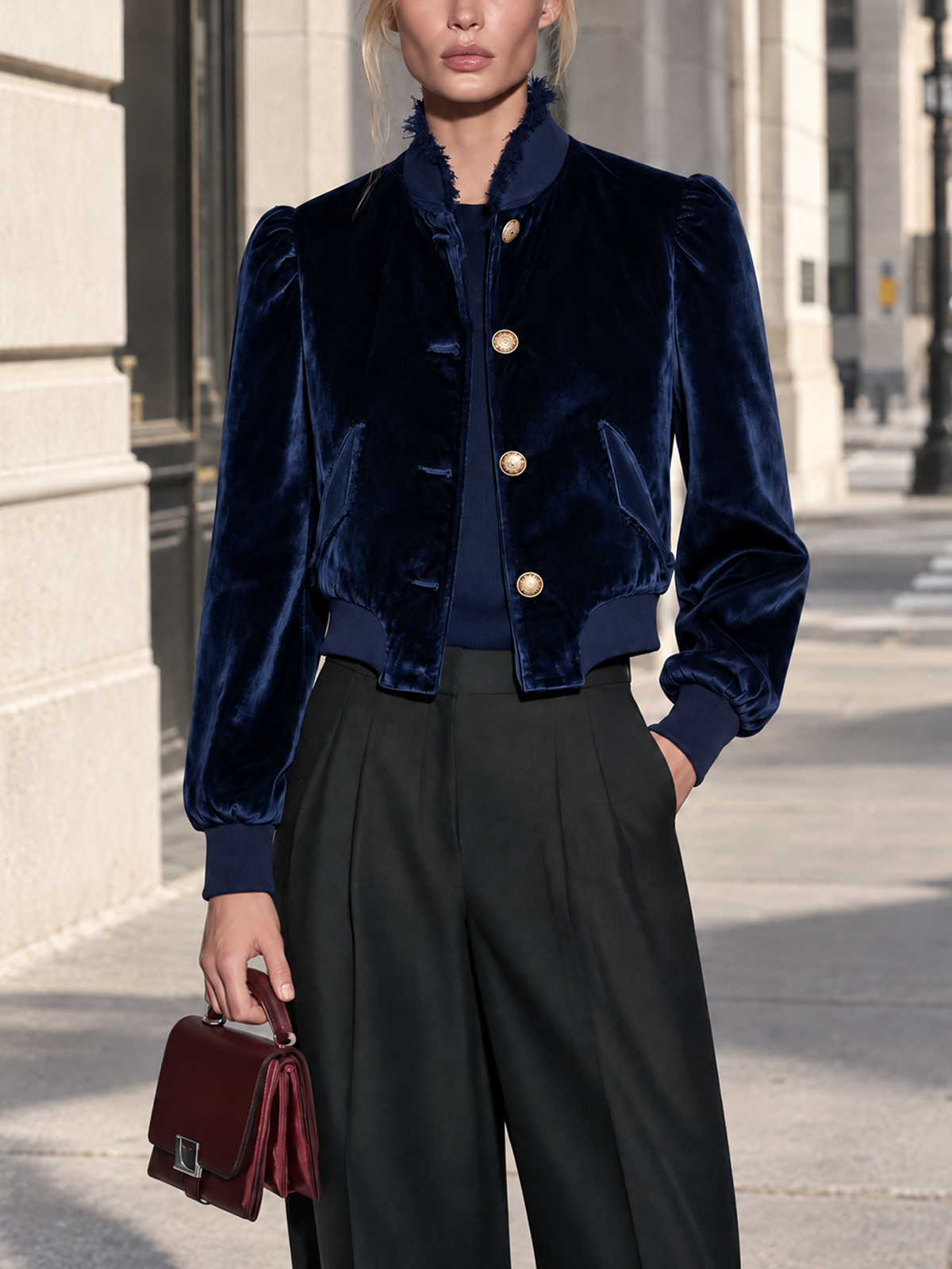 Frayed Trim Velvet Bomber Jacket With Puff Sleeves