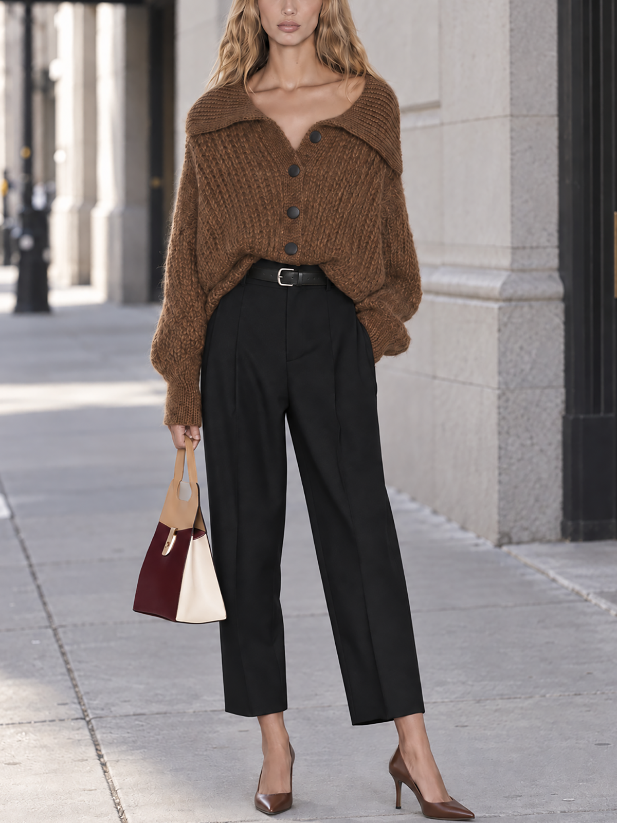 Wide Collar Knit Top And Pleated Trouser Two Piece Set