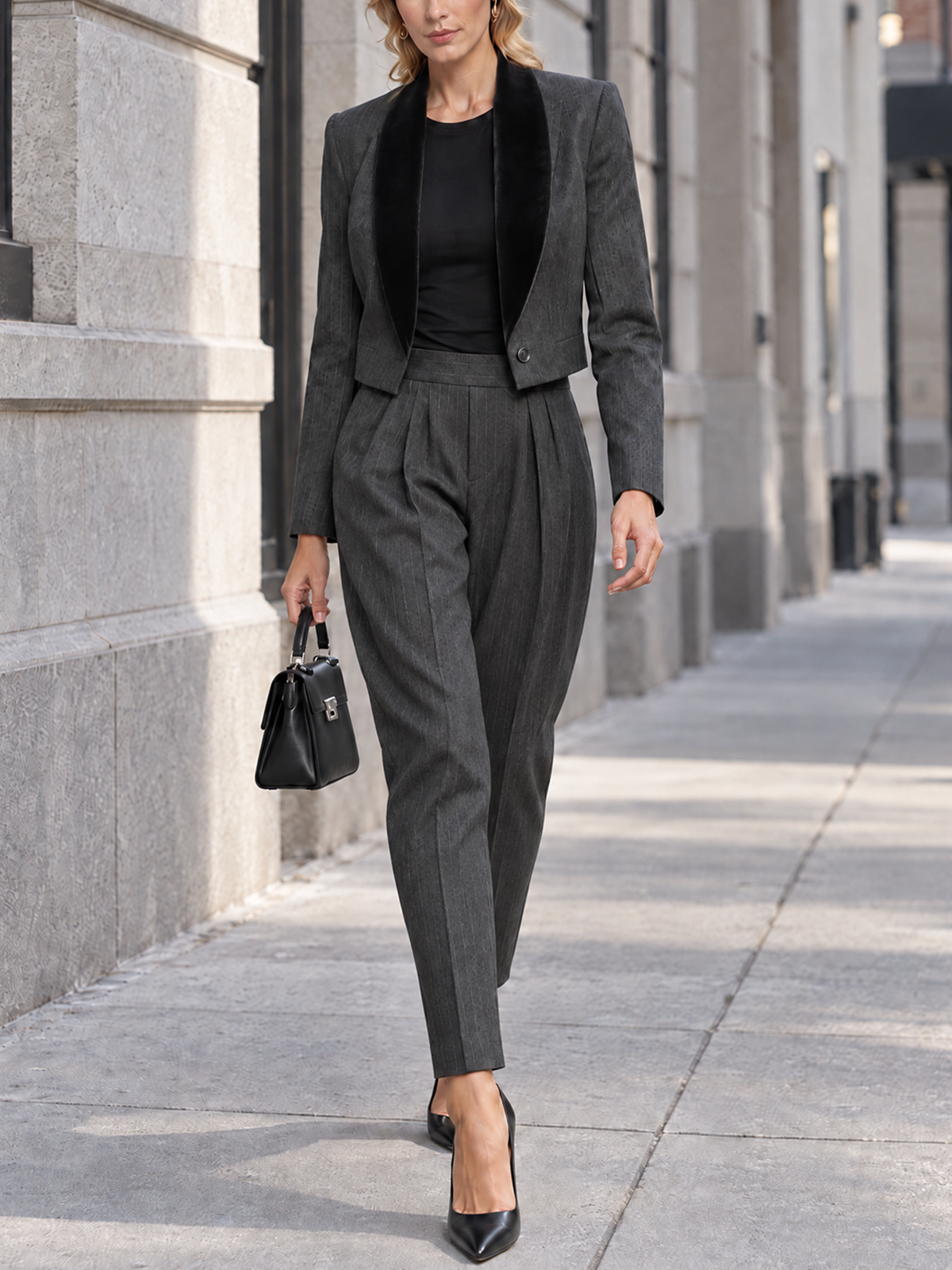 Pinstripe Blazer Suit With Contrast Velvet Lapel