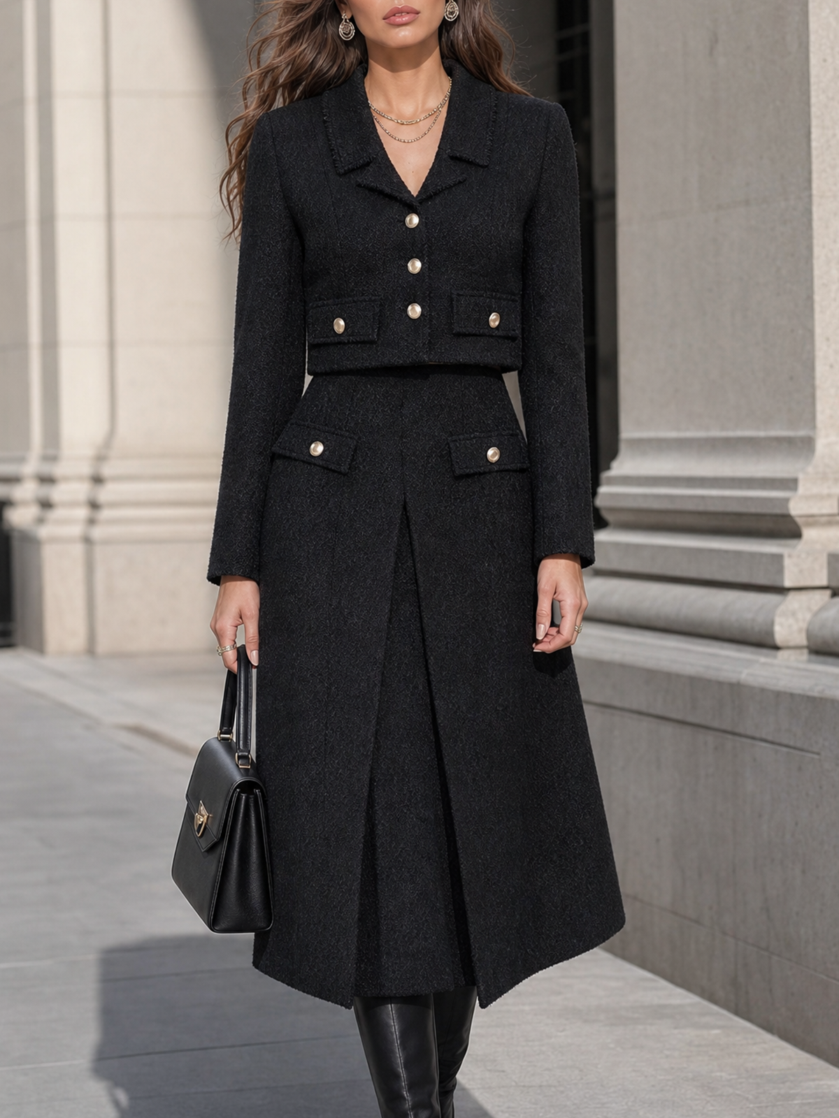 Black Tweed Cropped Jacket & Midi Skirt Two Piece Set