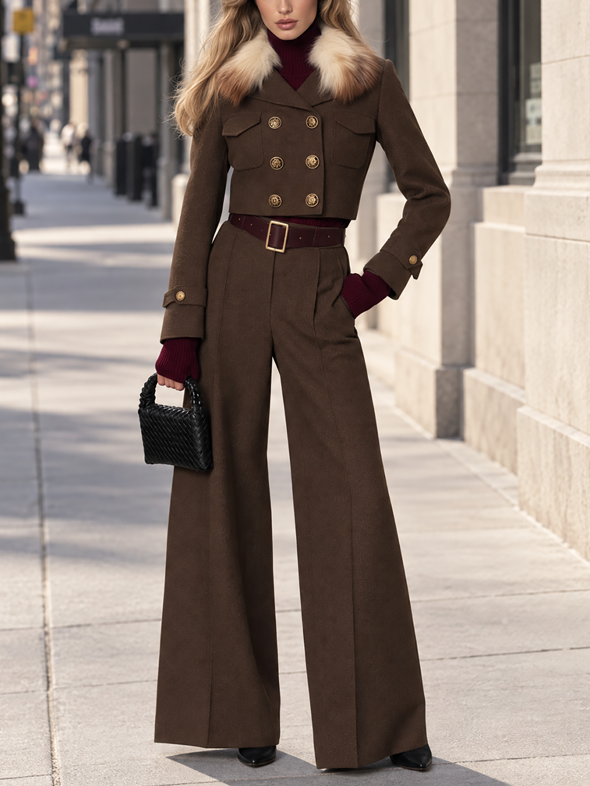 Faux Fur Collar Cropped Jacket Wide Leg Pant Set