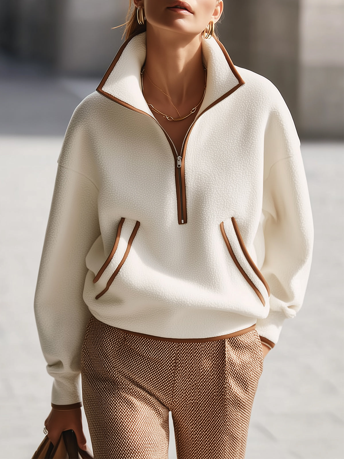 Cream Fleece Half - Zip Top With Brown Trim