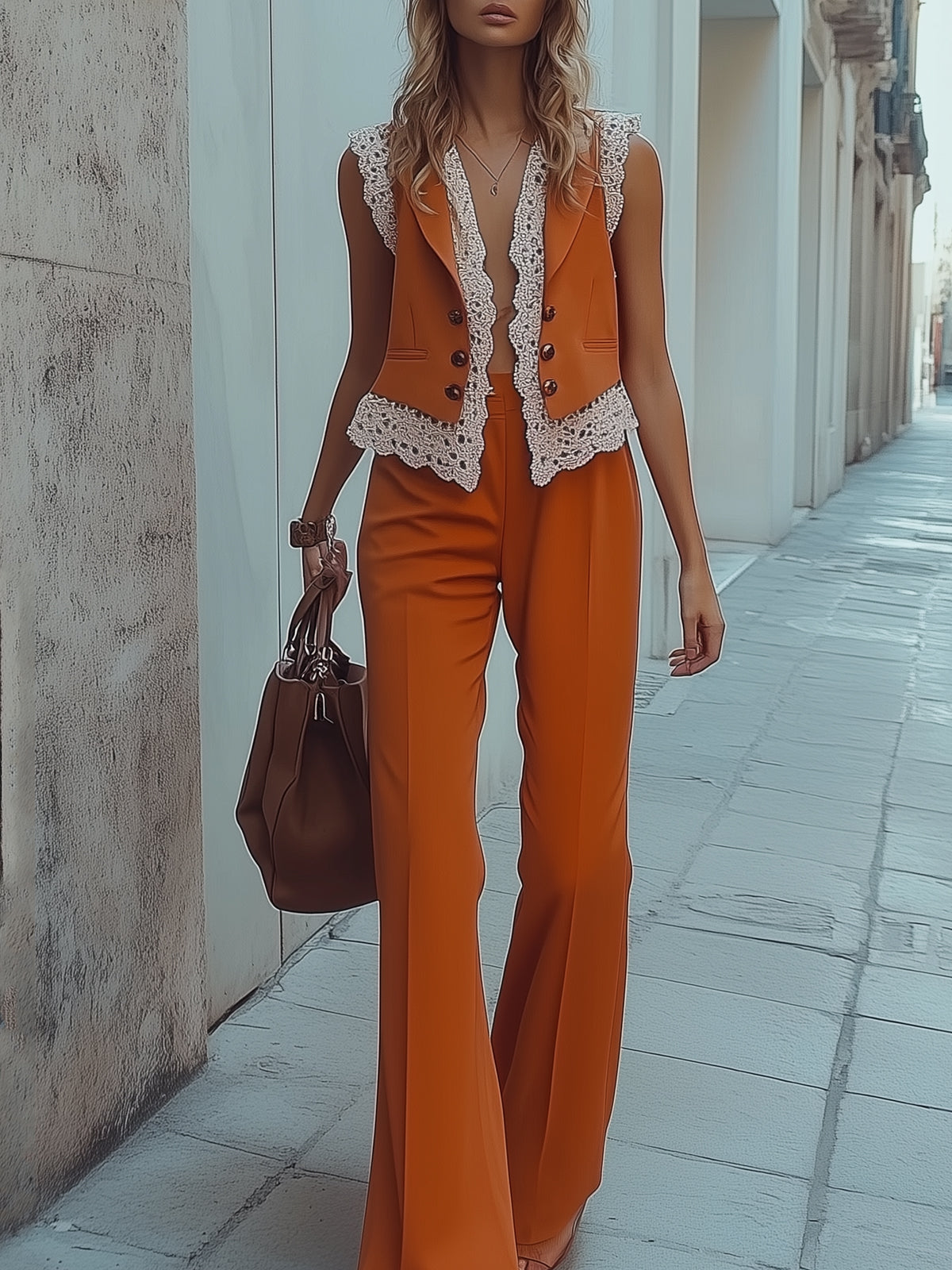Orange Lace Patchwork Sleeveless Suit