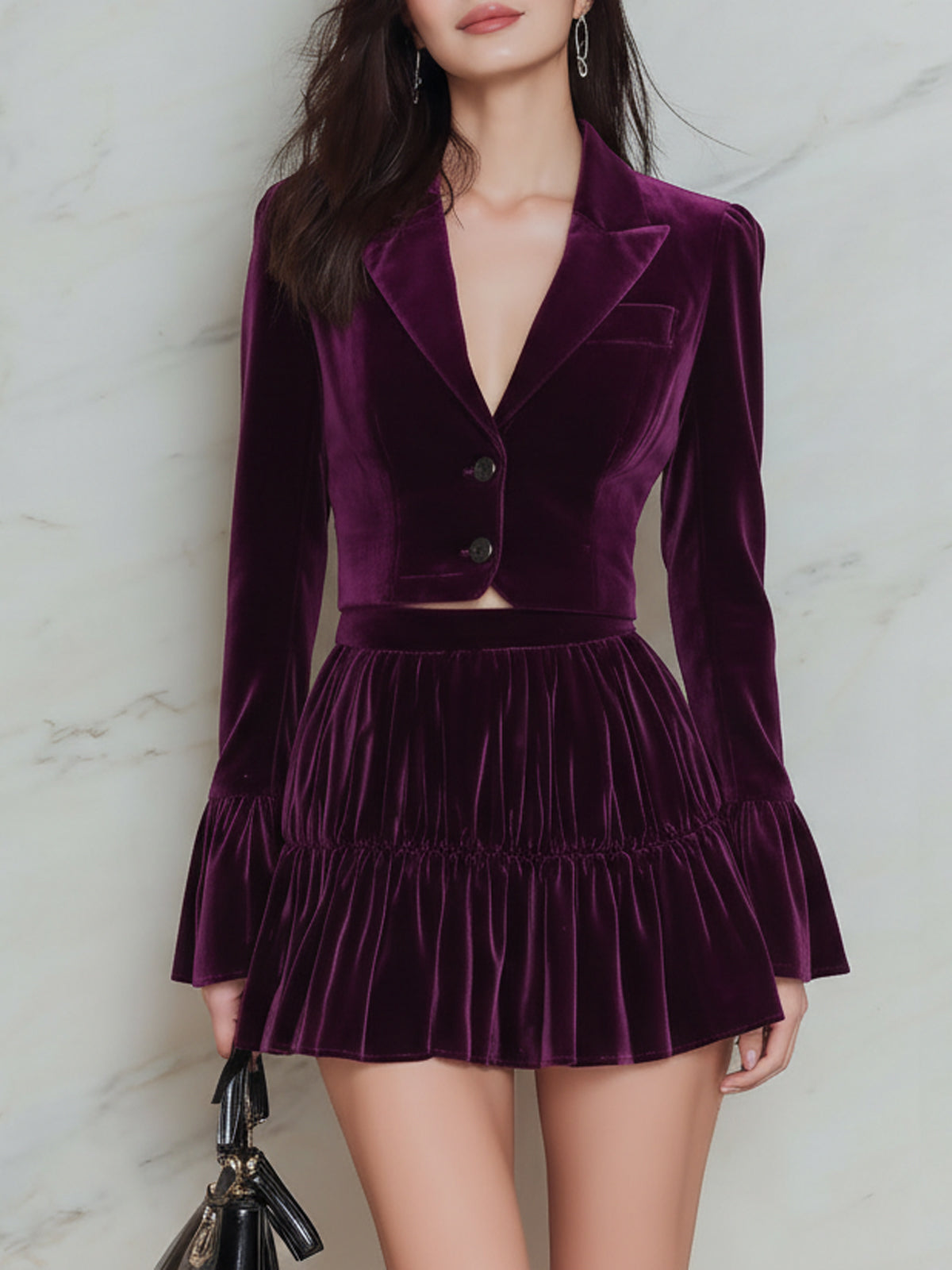 Short Blazer And Double-layered Pleated Skirt Set