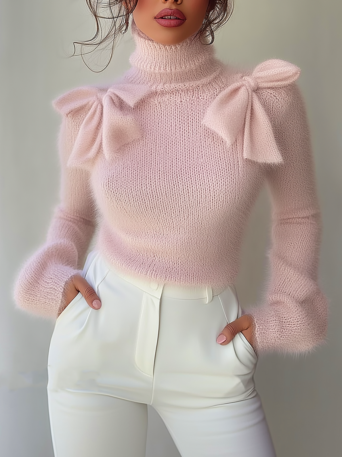 Pink Turtleneck Sweater With Bow Details On Shoulders