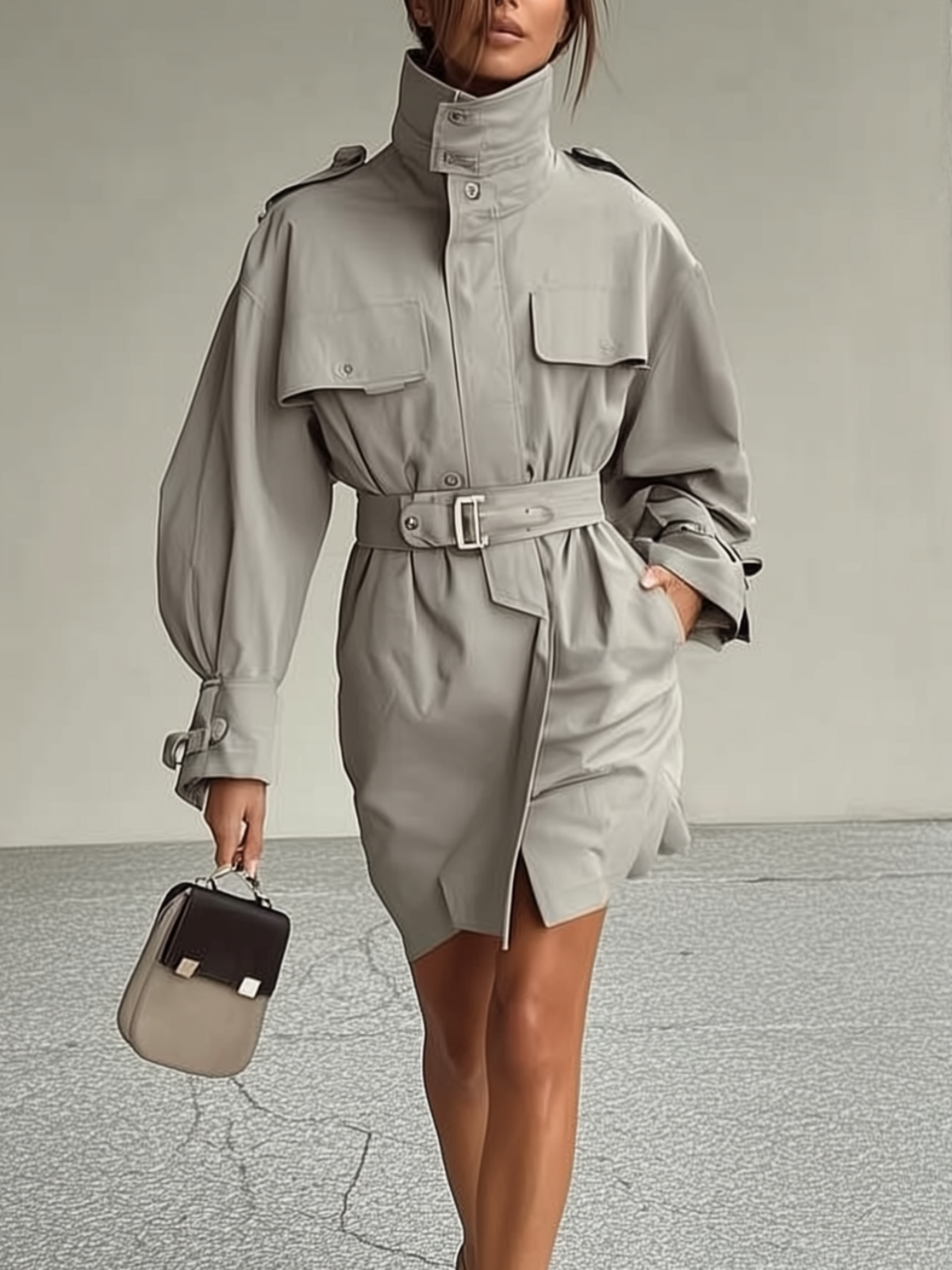 Grey Belted Trench Coat Dress