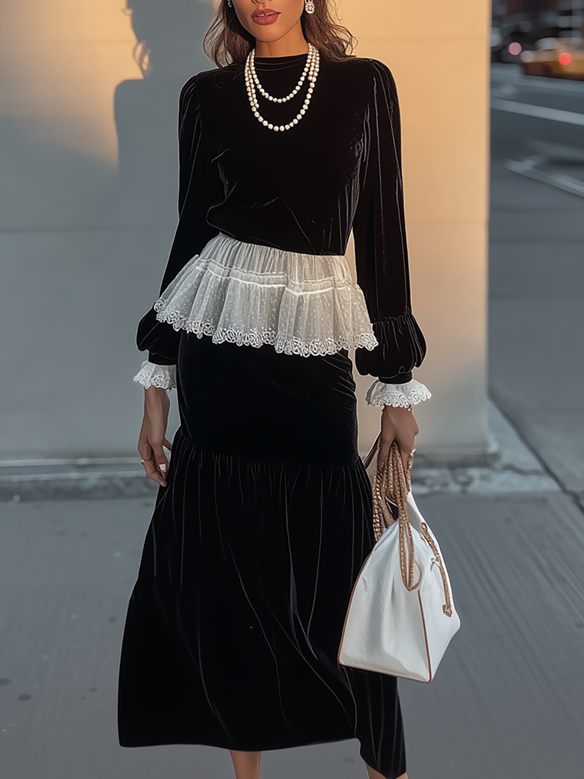 Black Velvet Dress With White Lace Peplum Detail