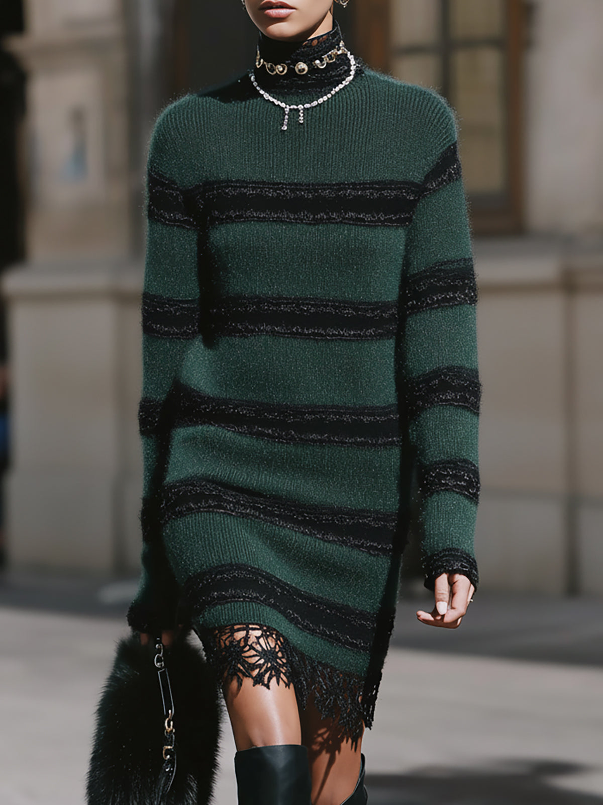 Elegant Dark Green Mohair Dress With Black Lace And Stripes