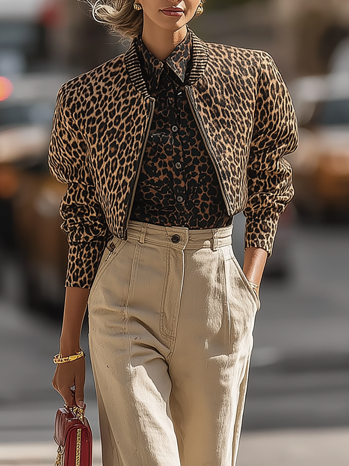 Leopard Print Cropped Bomber Jacket