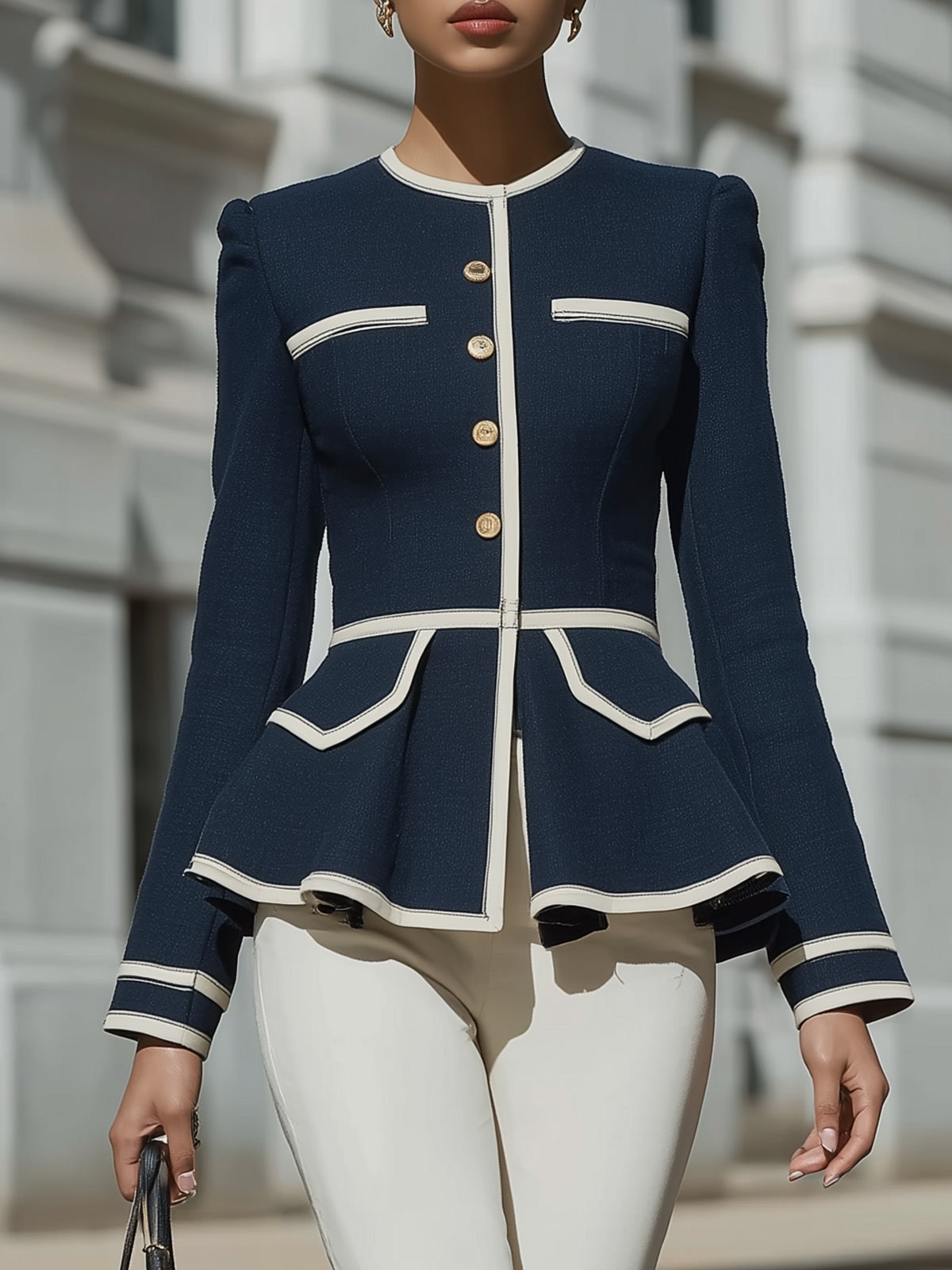 Navy Blue Contrasting Ruffled Hem Slim-fit Jacket