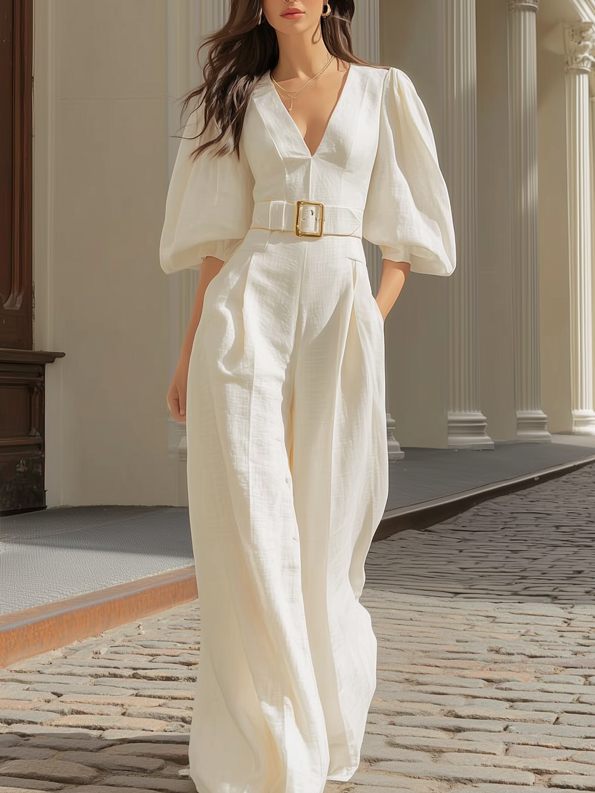 Chic Wide Leg Jumpsuit With Deep V Neck And Voluminous Sleeves