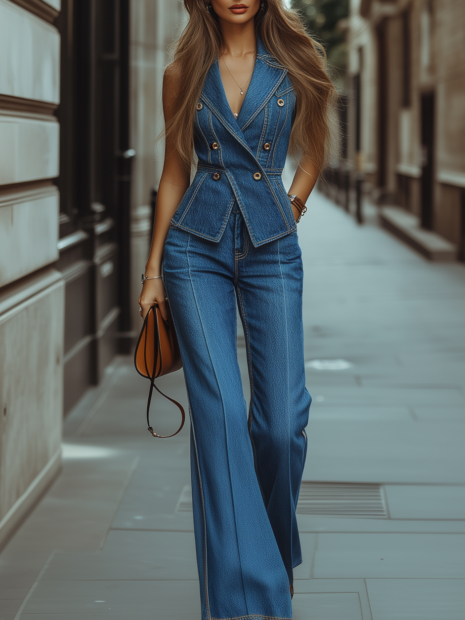 Denim Sleeveless Blazer Vest & Flare Pants Set