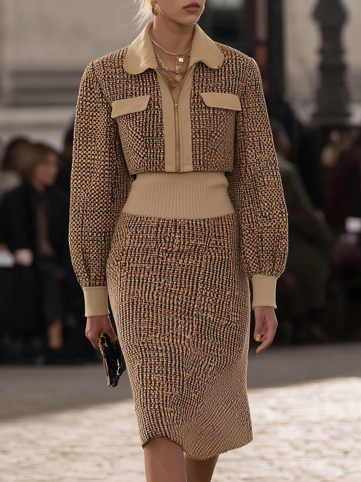 Brown Tweed & Beige Knit Jacket Skirt Set
