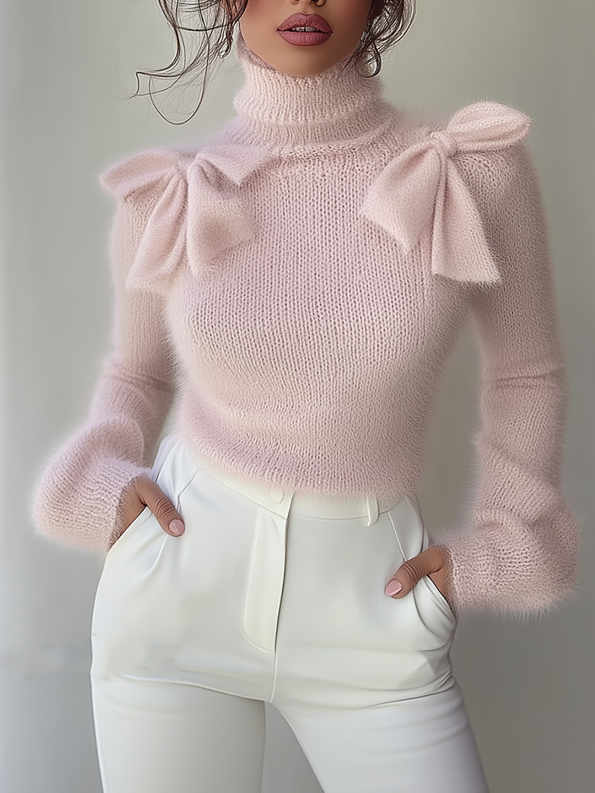 Pink Turtleneck Sweater With Bow Details On Shoulders
