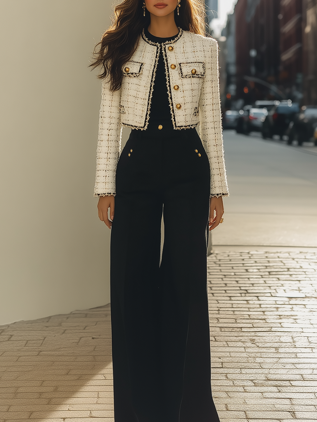 White Tweed Cropped Jacket And Black Wide Leg Pants Set