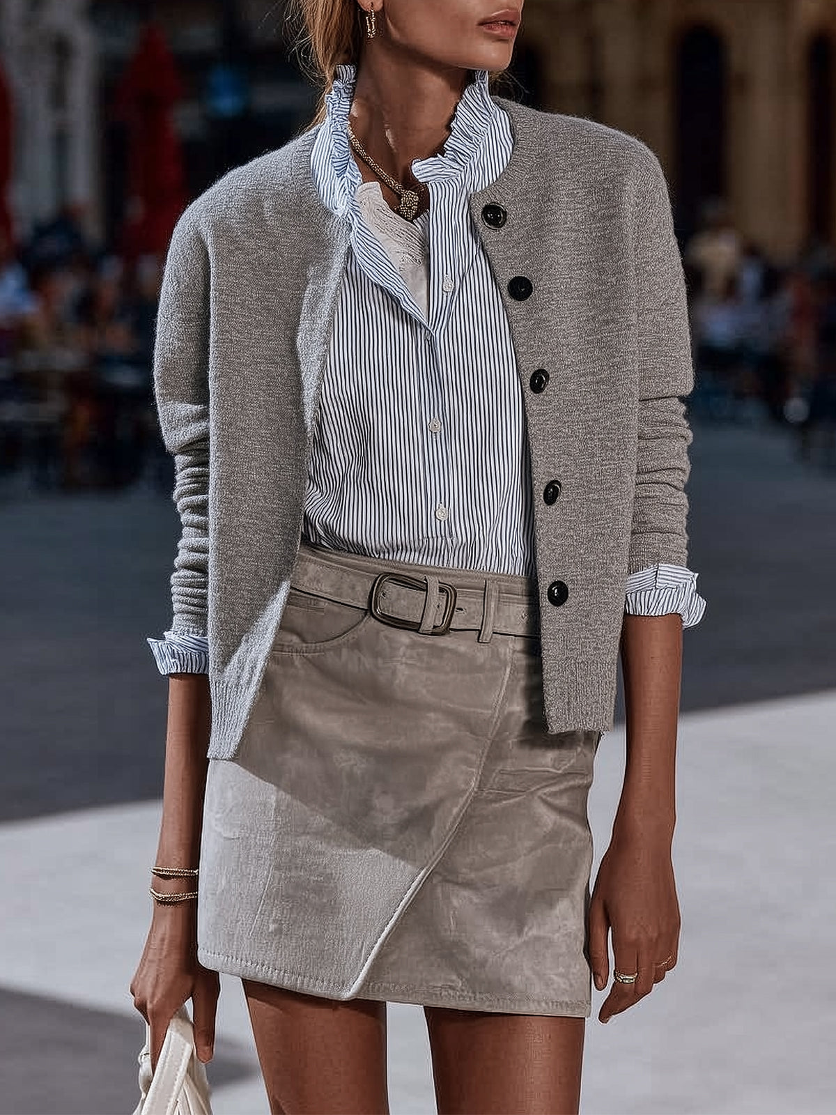 Grey Knit Cardigan And Suede Mini Skirt Set