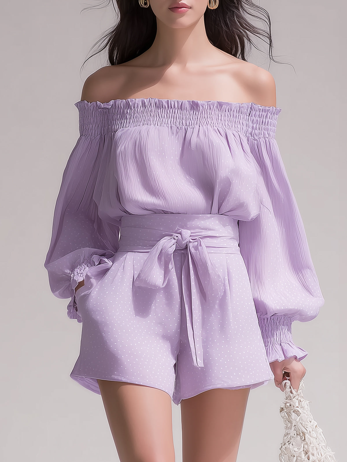 Gentle Style Off-the-shoulder Polka Dot Chiffon Blouse And Tie-waist Shorts Set